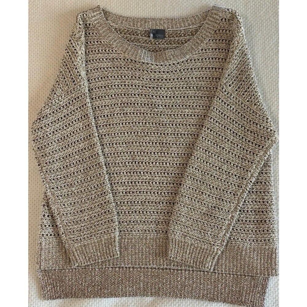 Sparkle & Fade Women’s Medium Metallic Shimmer Open-Knit Sweater Gold/Tan medium